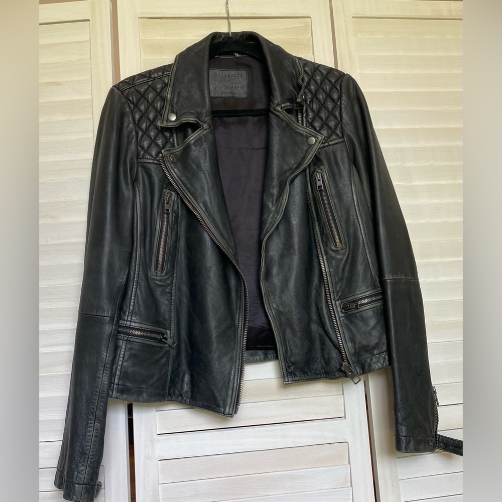 AllSaints cargo distressed Black leather biker jacket